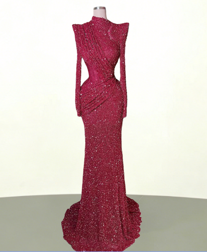 Graceful Long Sleeve High Collar Evening Dress Sheath Red Sequins Pleated Prom Dress AP6492