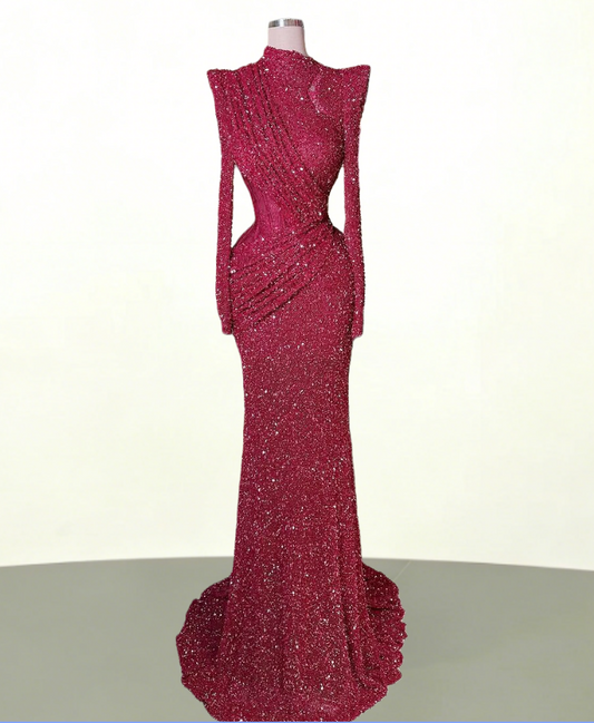 Graceful Long Sleeve High Collar Evening Dress Sheath Red Sequins Pleated Prom Dress AP6492