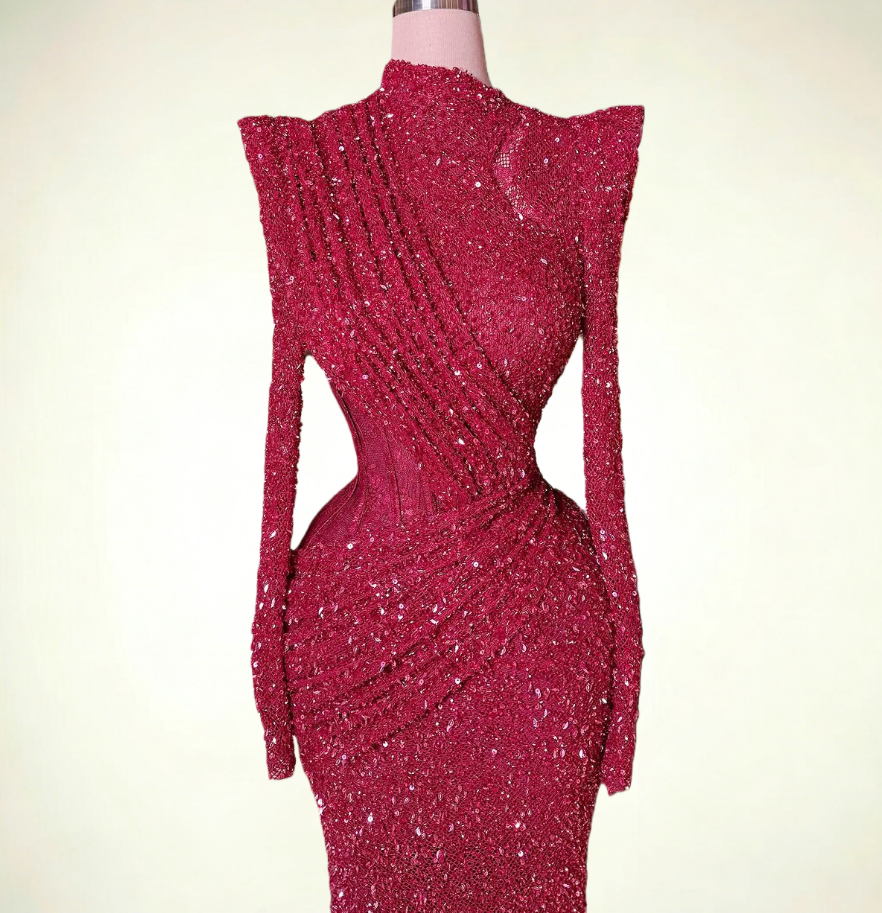 Graceful Long Sleeve High Collar Evening Dress Sheath Red Sequins Pleated Prom Dress AP6492