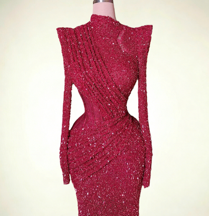Graceful Long Sleeve High Collar Evening Dress Sheath Red Sequins Pleated Prom Dress AP6492