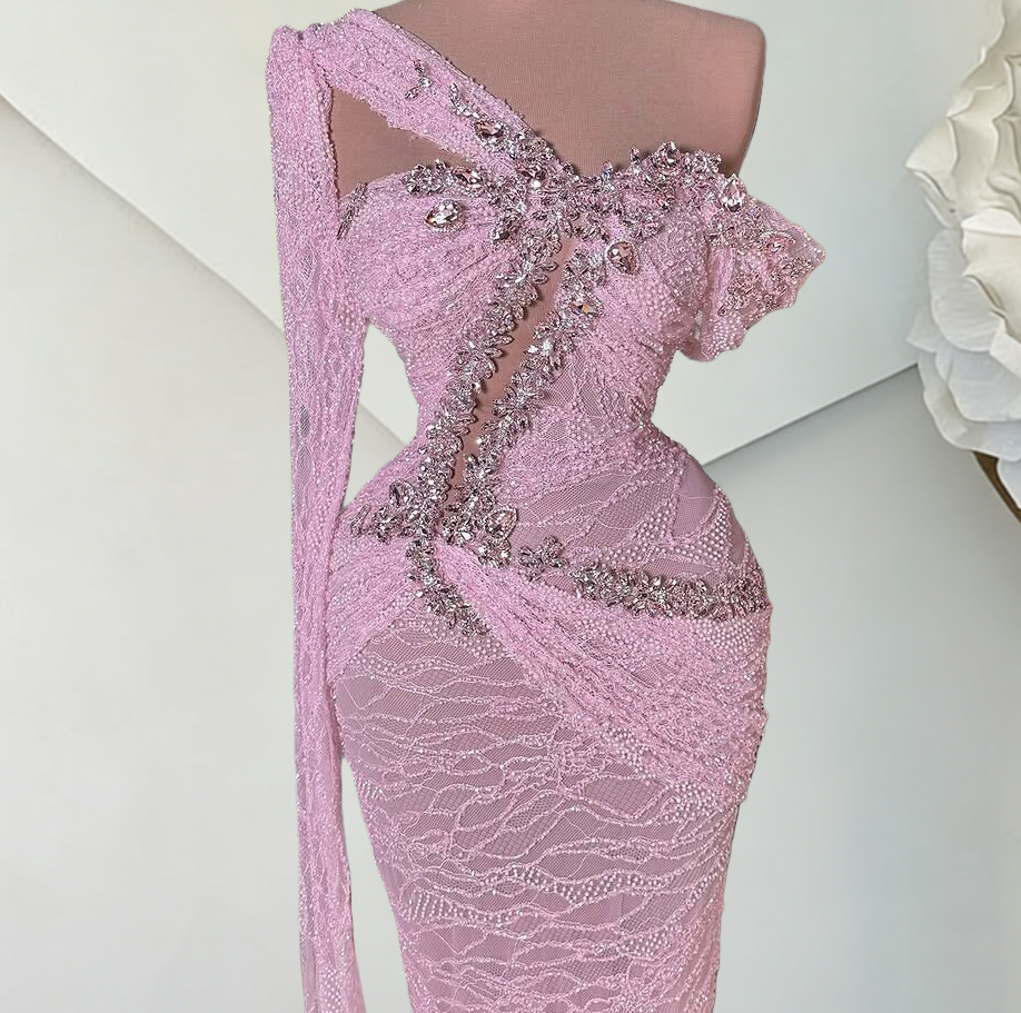 Fantastic Long Sleeve One Shoulder Evening Dress Sheath Crystals Pink Lace Prom Dress AP6494