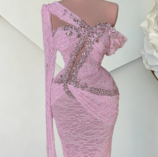 Fantastic Long Sleeve One Shoulder Evening Dress Sheath Crystals Pink Lace Prom Dress AP6494