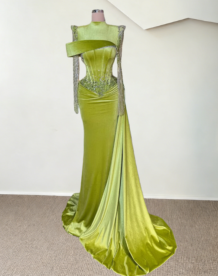 Sweet Long Sleeve High Collar Evening Dress Sheath Crystals Sequins Prom Dress AP6495