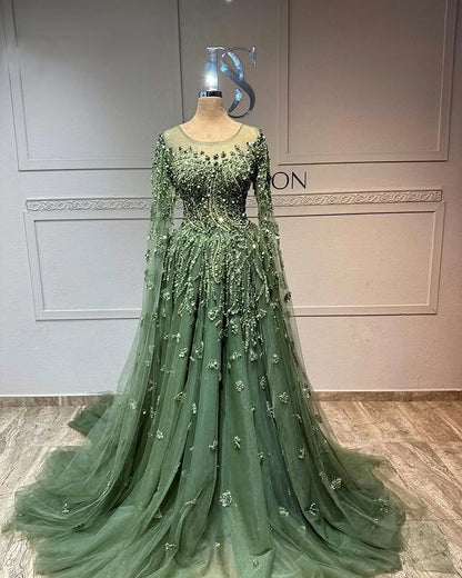 Classical Jewel Neck Long Sleeve Sweet 16th Dresses Sequins Beading A-Line Prom Dress AP6496