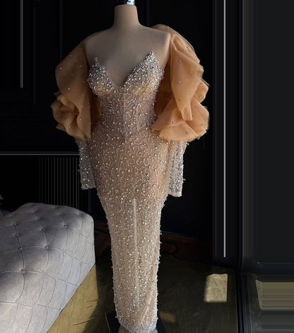 Cute Ruffled Off-Shoulder Sheath Evening Dress Long Sleeve Crystals Prom Dress AP6497