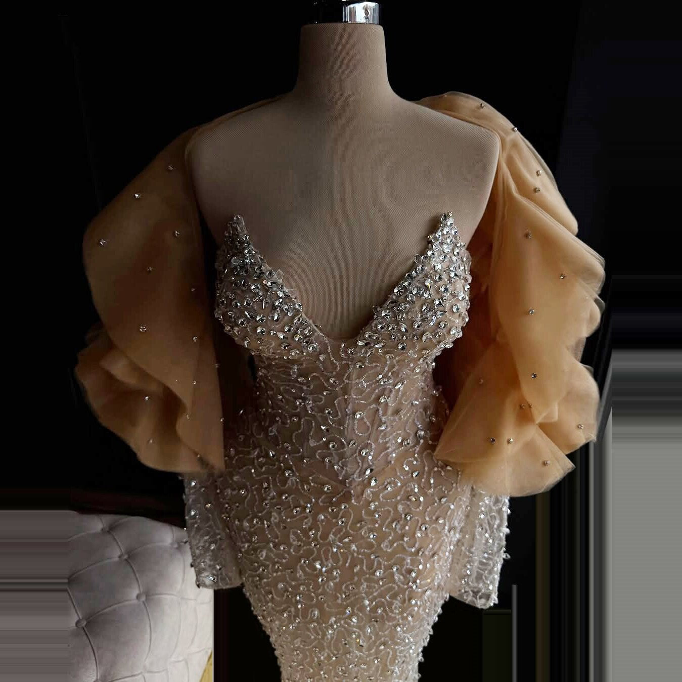 Cute Ruffled Off-Shoulder Sheath Evening Dress Long Sleeve Crystals Prom Dress AP6497
