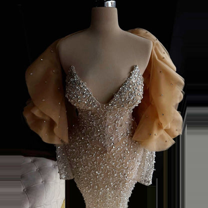 Cute Ruffled Off-Shoulder Sheath Evening Dress Long Sleeve Crystals Prom Dress AP6497