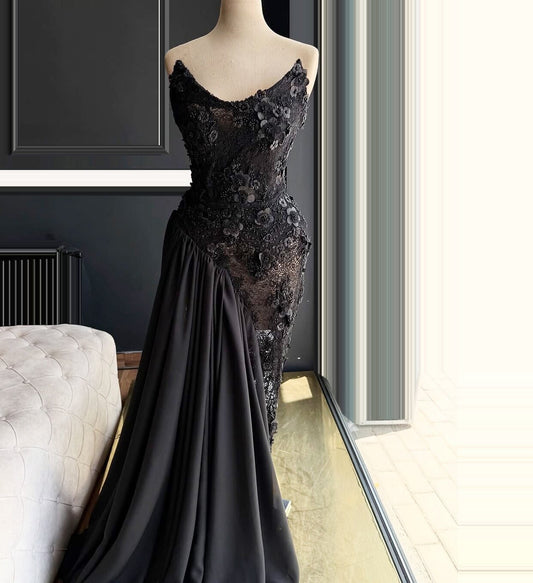 Vintage Sheath Black Strapless Evening Dresses Appliques Lace Beads Prom Dress AP6498