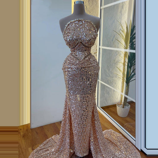 Artistic Strapless Sequins Cutout Sweet 16th Mermaid Dresses Crystals Beads Prom Dress AP6499