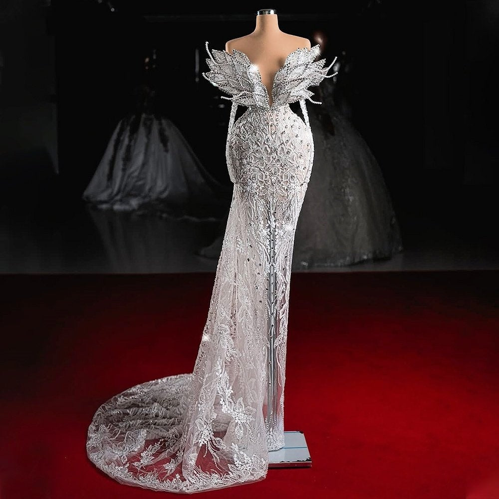 Dreamy V Neck Sheath Bridal Dress Long Sleeve Crystals Lace Wedding Dress AP6500