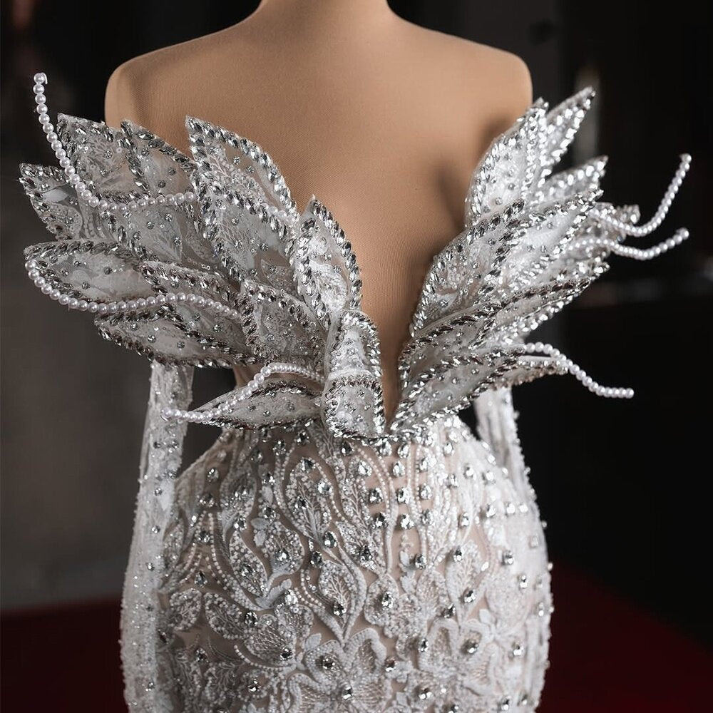 Dreamy V Neck Sheath Bridal Dress Long Sleeve Crystals Lace Wedding Dress AP6500