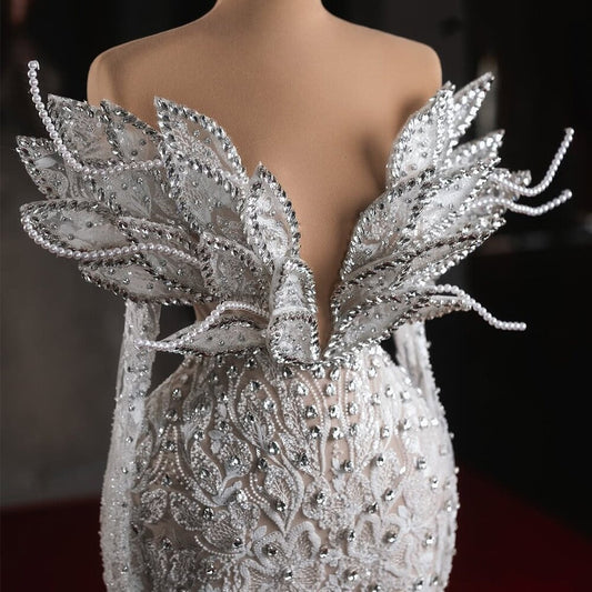 Dreamy V Neck Sheath Bridal Dress Long Sleeve Crystals Lace Wedding Dress AP6500