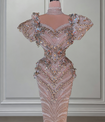 Ethereal Sweetheart Neck Sheath Evening Gowns Short Sleeve Crystals Beading Sequins Prom Dress AP6501