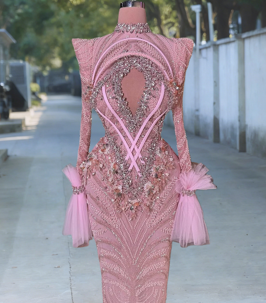Sheen Pink Long Sleeve High Collar Cutout Evening Dress Sheath Crystals Beading Appliques Prom Dress AP6502