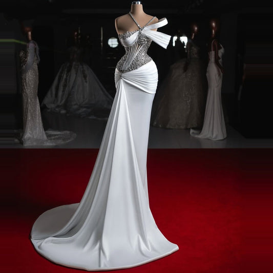 Alluring Off-Shoulder Sheath Bridal Gowns Beading Pleated Wedding Dress AP6503