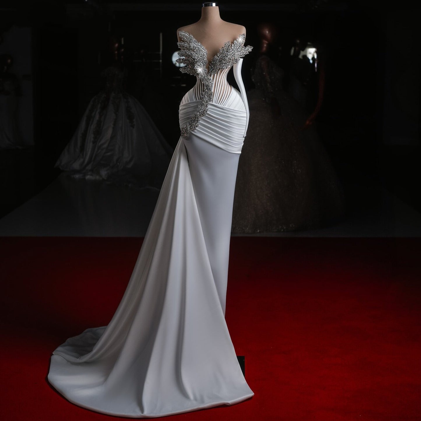 Gorgeous Strapless Sheath Bridal Gowns Beading Long Sleeve Pleated Wedding Dress AP6504