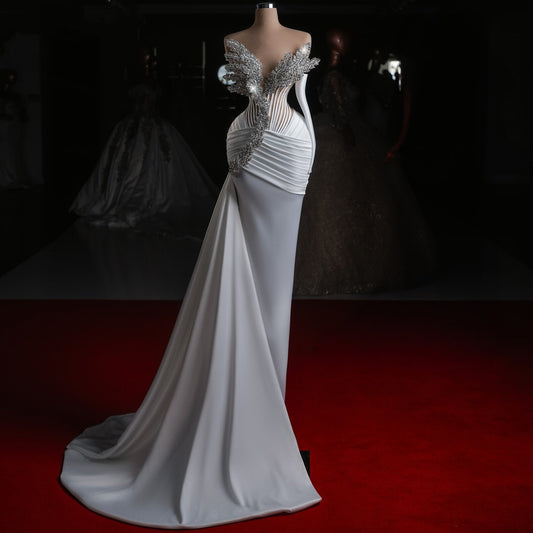 Gorgeous Strapless Sheath Bridal Gowns Beading Long Sleeve Pleated Wedding Dress AP6504