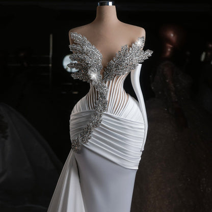 Gorgeous Strapless Sheath Bridal Gowns Beading Long Sleeve Pleated Wedding Dress AP6504