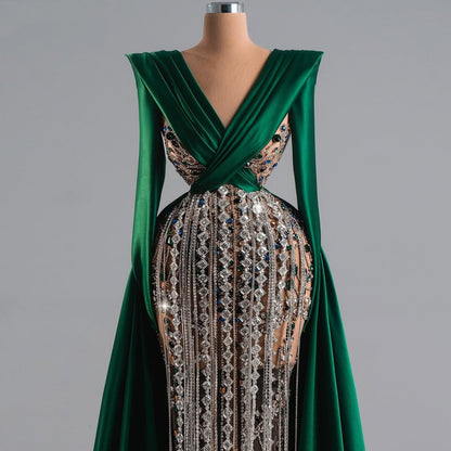 Glam Long Sleeve V Neck Evening Dress Sheath Rhinestones Prom Dress AP6505