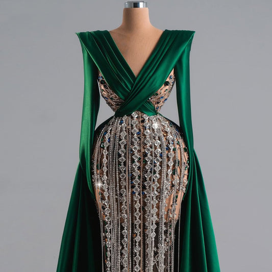 Glam Long Sleeve V Neck Evening Dress Sheath Rhinestones Prom Dress AP6505