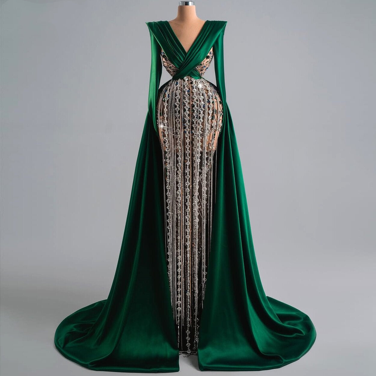 Glam Long Sleeve V Neck Evening Dress Sheath Rhinestones Prom Dress AP6505
