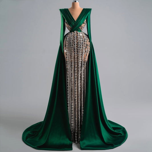 Glam Long Sleeve V Neck Evening Dress Sheath Rhinestones Prom Dress AP6505