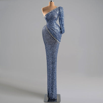 Glamorous One Shoulder Long Sleeve Evening Dress Sheath Sequins Beading Prom Dress AP6506