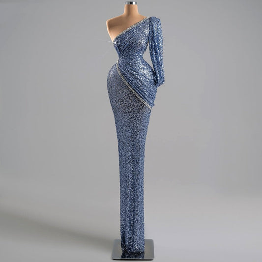 Glamorous One Shoulder Long Sleeve Evening Dress Sheath Sequins Beading Prom Dress AP6506