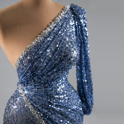 Glamorous One Shoulder Long Sleeve Evening Dress Sheath Sequins Beading Prom Dress AP6506