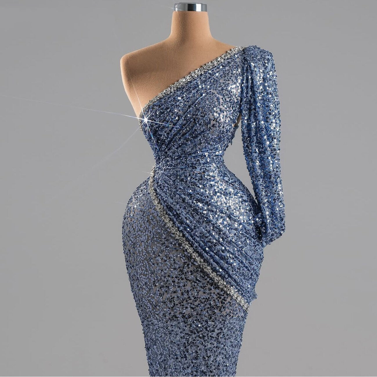 Glamorous One Shoulder Long Sleeve Evening Dress Sheath Sequins Beading Prom Dress AP6506
