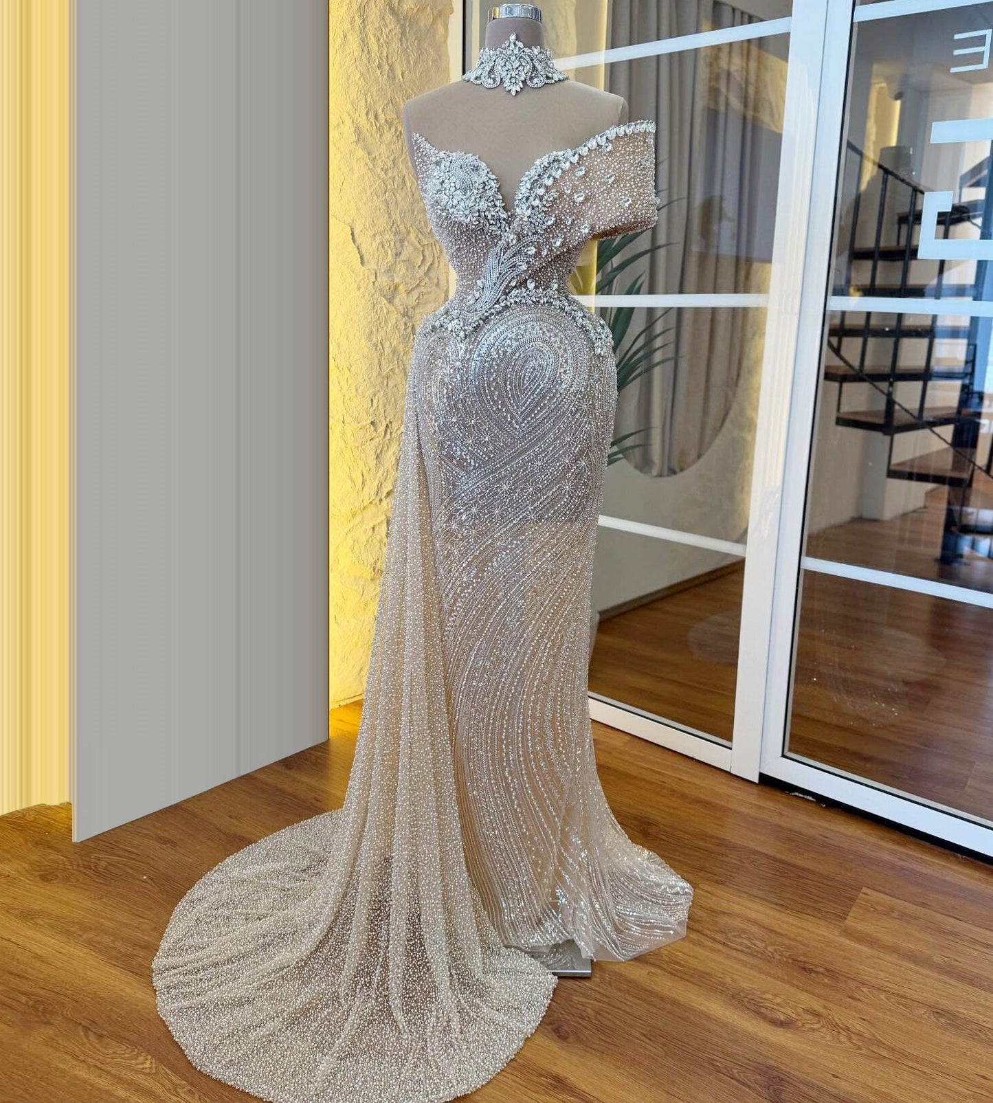 Stunning Off-Shoulder Sheath Sweet 16th Dresses Crystals Beads Sequins Prom Dress AP6507