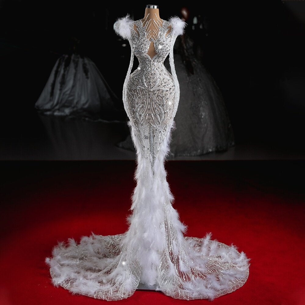 Novelty V Neck Long Sleeve Bridal Mermaid Dress Feather Crystals Beading Wedding Dress AP6508