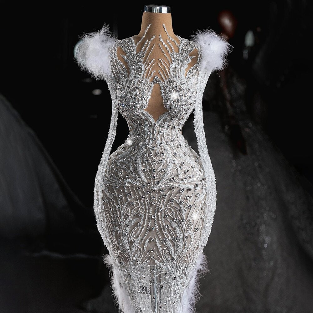 Novelty V Neck Long Sleeve Bridal Mermaid Dress Feather Crystals Beading Wedding Dress AP6508