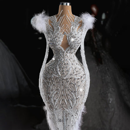 Novelty V Neck Long Sleeve Bridal Mermaid Dress Feather Crystals Beading Wedding Dress AP6508
