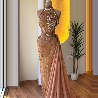 Fashionable Halter Neck Evening Dress Sheath Rhinestones Beading Prom Dress AP6510