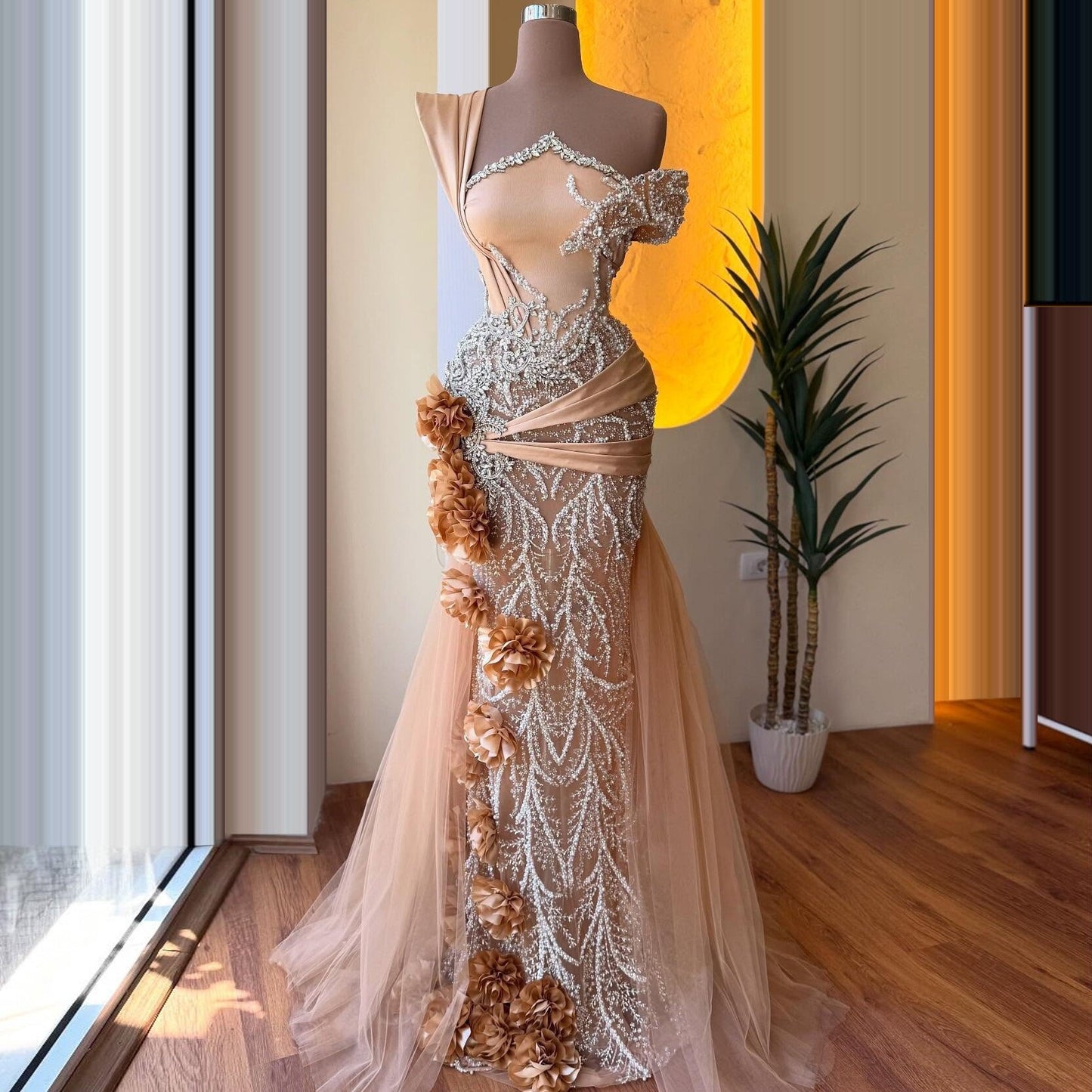 Vibrant One Shoulder Handmade Flowers Mermaid Evening Dresses Sequins Beading Prom Dress AP6511