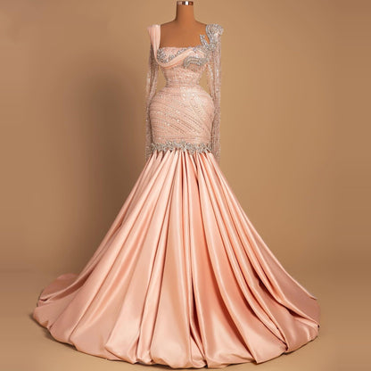 Flowy Square Neck Evening Mermaid Dress Long Sleeve Sequins Beading Prom Dress AP6514