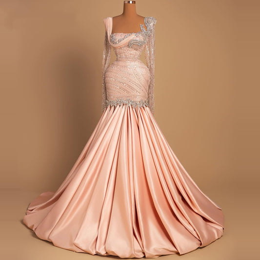 Flowy Square Neck Evening Mermaid Dress Long Sleeve Sequins Beading Prom Dress AP6514