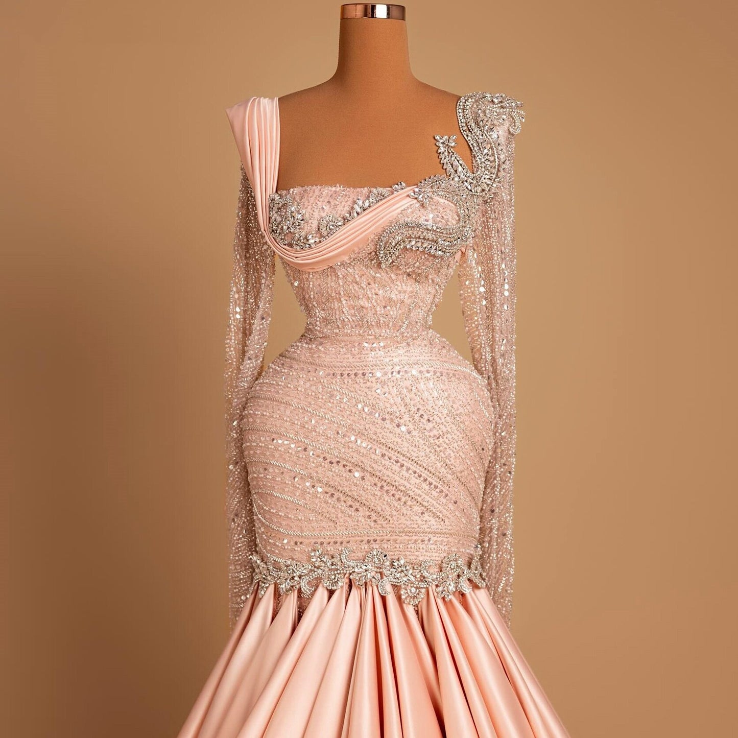 Flowy Square Neck Evening Mermaid Dress Long Sleeve Sequins Beading Prom Dress AP6514