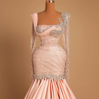 Flowy Square Neck Evening Mermaid Dress Long Sleeve Sequins Beading Prom Dress AP6514