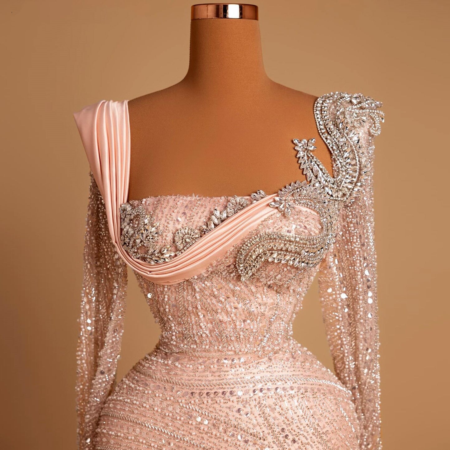 Flowy Square Neck Evening Mermaid Dress Long Sleeve Sequins Beading Prom Dress AP6514
