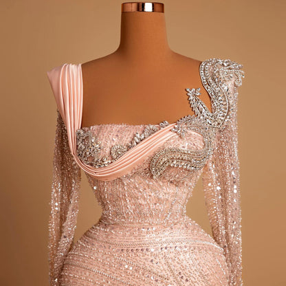 Flowy Square Neck Evening Mermaid Dress Long Sleeve Sequins Beading Prom Dress AP6514