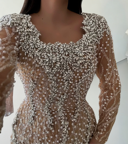 Adorable Square Neck Crystals Evening Mermaid Dress Sequins Beading Long Sleeve Prom Dress AP6516