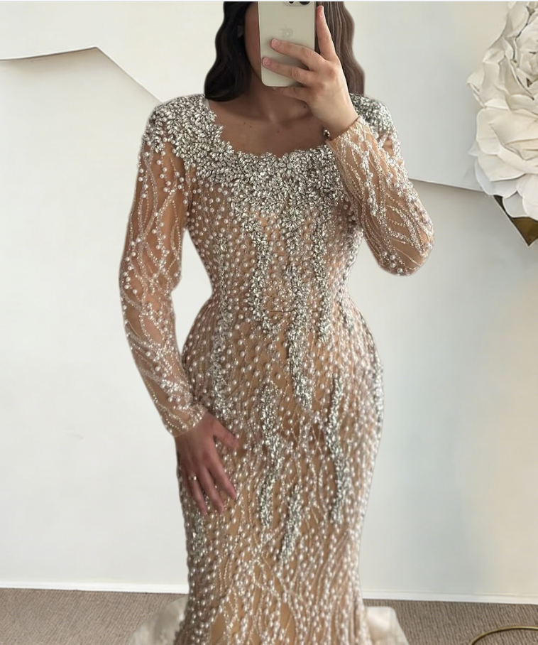 Adorable Square Neck Crystals Evening Mermaid Dress Sequins Beading Long Sleeve Prom Dress AP6516