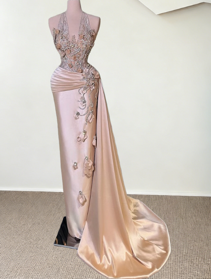 Playful Satin Halter Neck Evening Dress Sheath Crystal Lace Prom Dress AP6517