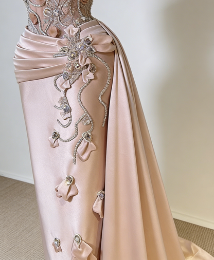 Playful Satin Halter Neck Evening Dress Sheath Crystal Lace Prom Dress AP6517