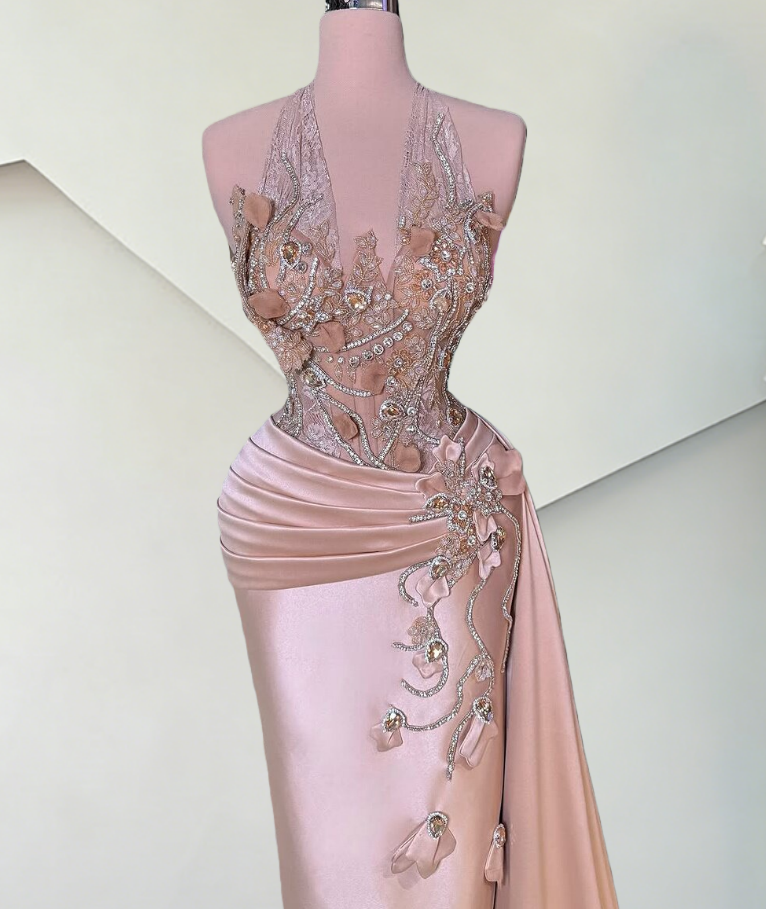Playful Satin Halter Neck Evening Dress Sheath Crystal Lace Prom Dress AP6517