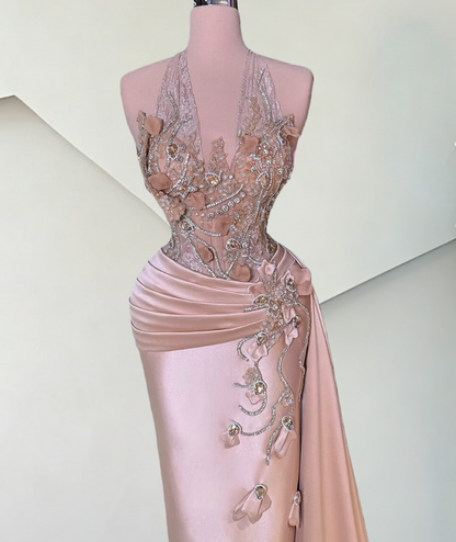 Playful Satin Halter Neck Evening Dress Sheath Crystal Lace Prom Dress AP6517