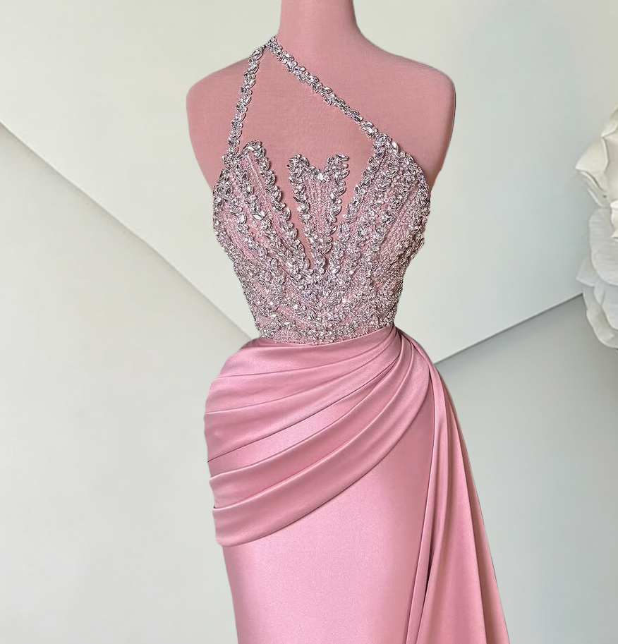 Bling One Shoulder Sheath Sweet 16th Dresses Rhinestones Pink Prom Dress AP6518