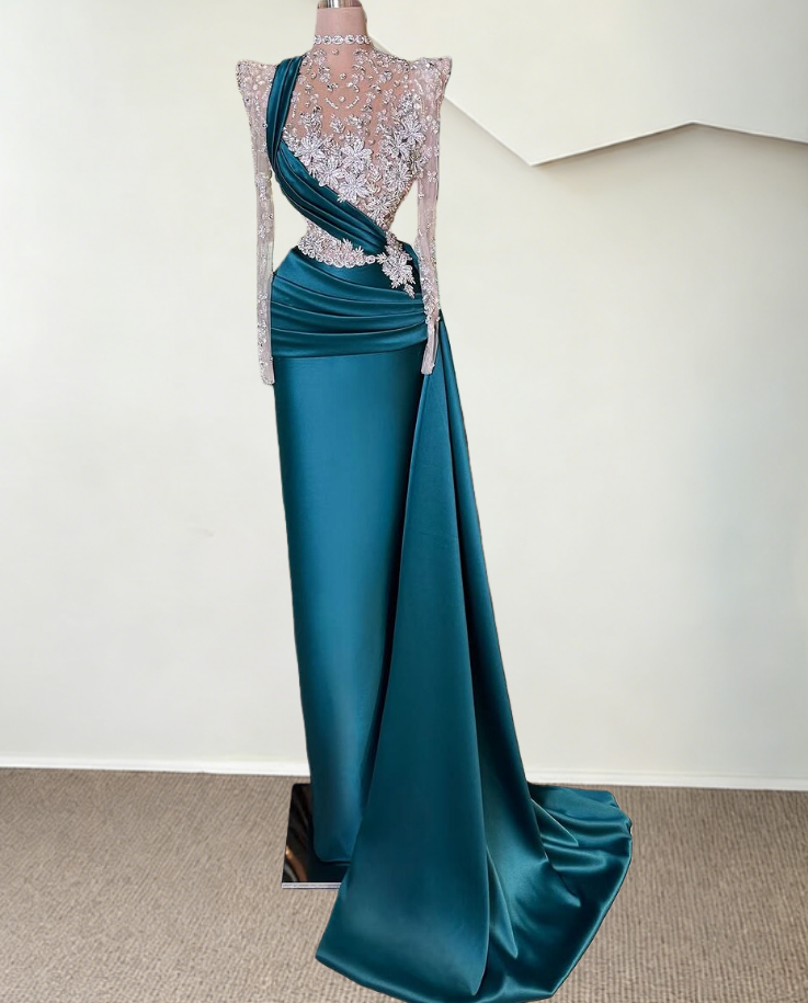 Stylish High Collar Long Sleeve Satin Evening Dress Sheath Crystals Appliques Prom Dress AP6519